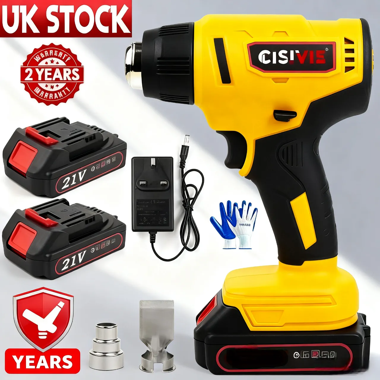 2 Batteries 21V Cordless Heat Gun Hot Air Gun Dual Temperature 4 Nozzles Tool