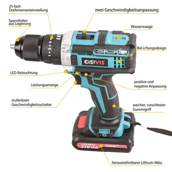 CISIVIS 10mm 21V 35NM brush Cordless Power Drill Set - Image 2