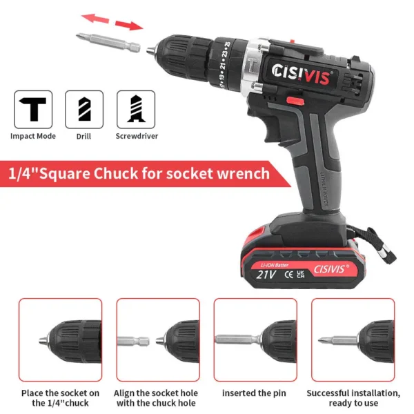 CISIVIS 10mm 25N.M 21V 180W 1800RPM Brush Cordless  Power Drill Set - Image 2