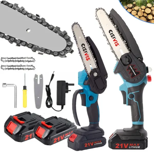 Two 8-inch cordless chainsaws with oil pots