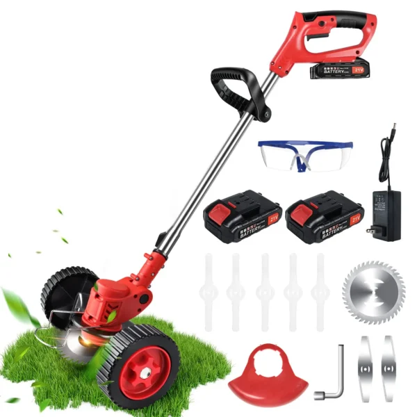 21V cordless red lawn mower with wheels