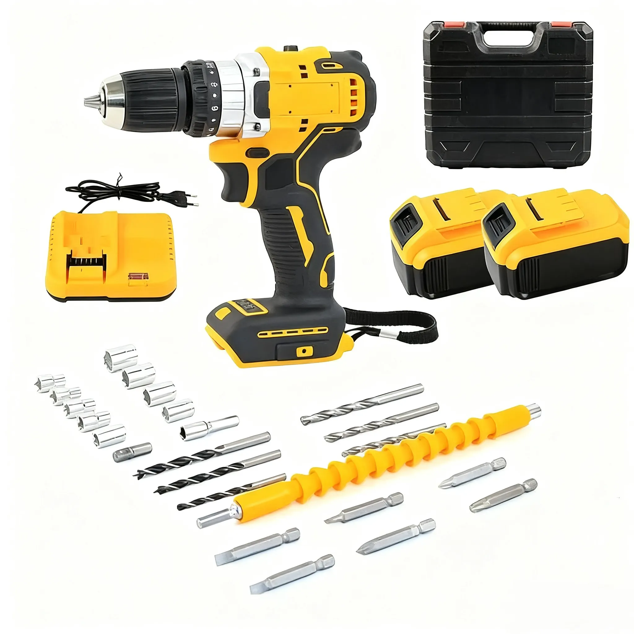 Yellow cordless electric drill and its accessories