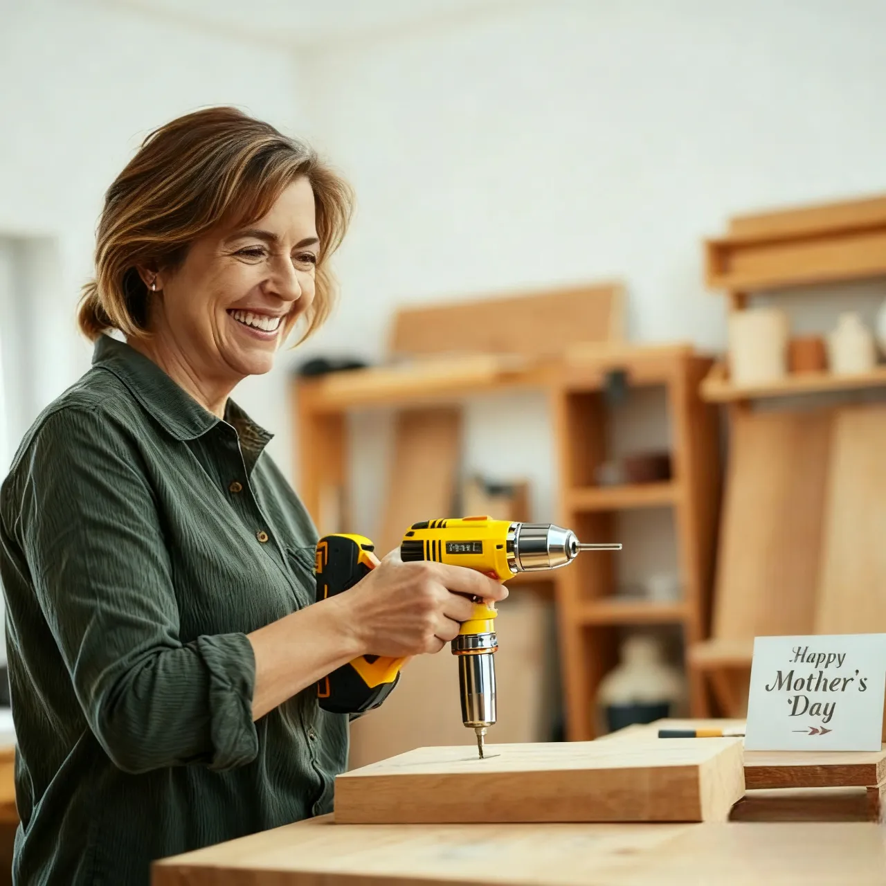 A woman is holding a yellow electric drill.