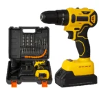 A yellow cordless electric drill and its matching set