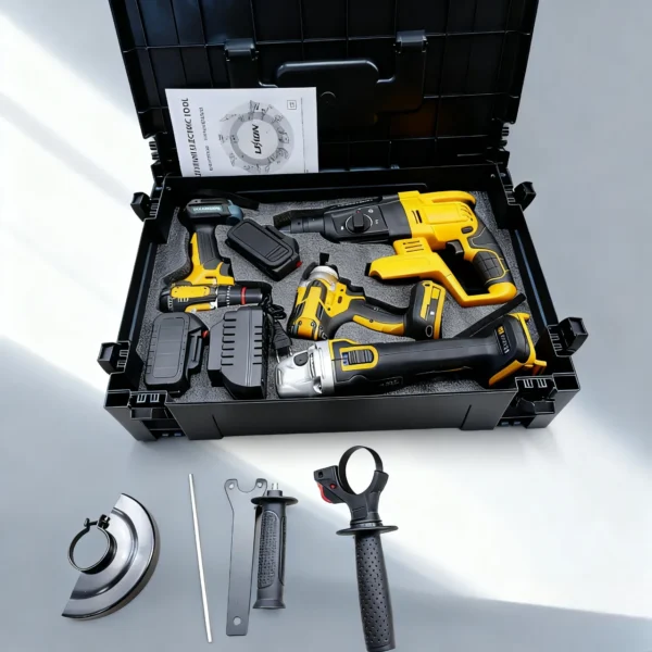 4-Piece Cordless Power Tool Set TZ0017 – Rotary Hammer, Angle Grinder, Drill & Impact Wrench