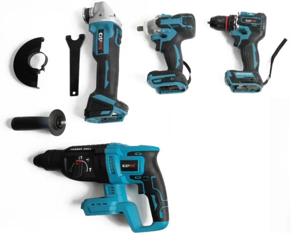 4-Piece Cordless Power Tool Set TZ0017 – Rotary Hammer, Angle Grinder, Drill & Impact Wrench